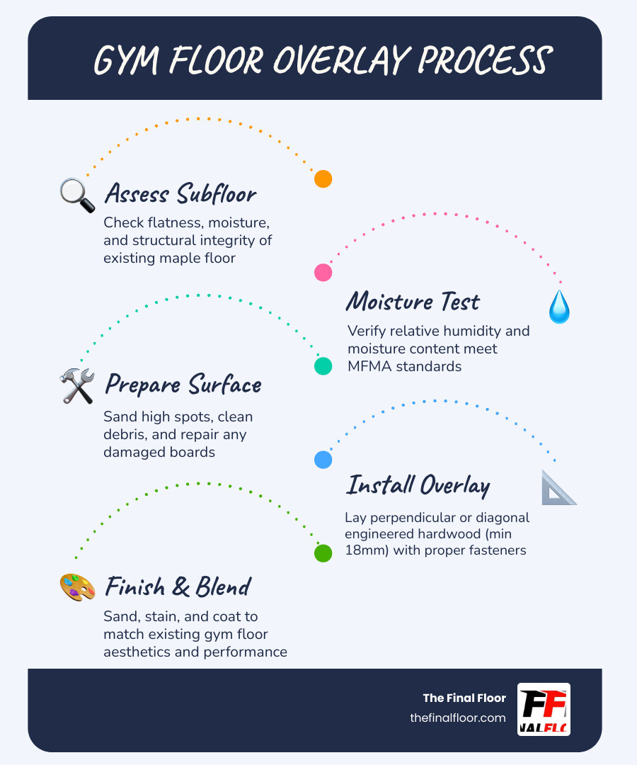 Step-by-step gym floor overlay process infographic for institutional athletic facilities infographic Step-by-step gym floor overlay process infographic for institutional athletic facilities infographic