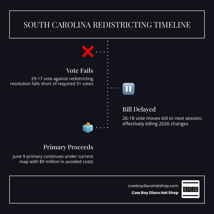 Timeline infographic of South Carolina redistricting vote May 2026 showing key dates and vote counts infographic