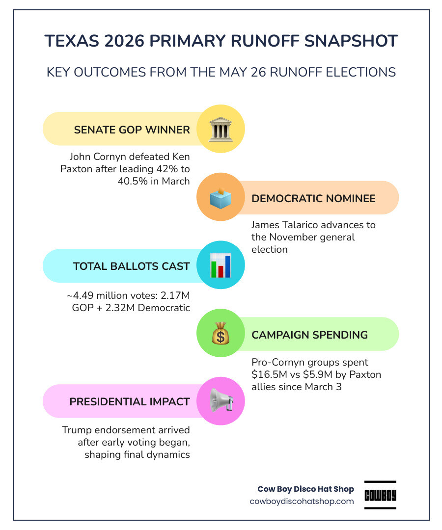Texas 2026 primary runoff results infographic showing Senate candidates, vote shares, and spending totals infographic Texas 2026 primary runoff results infographic showing Senate candidates, vote shares, and spending totals infographic