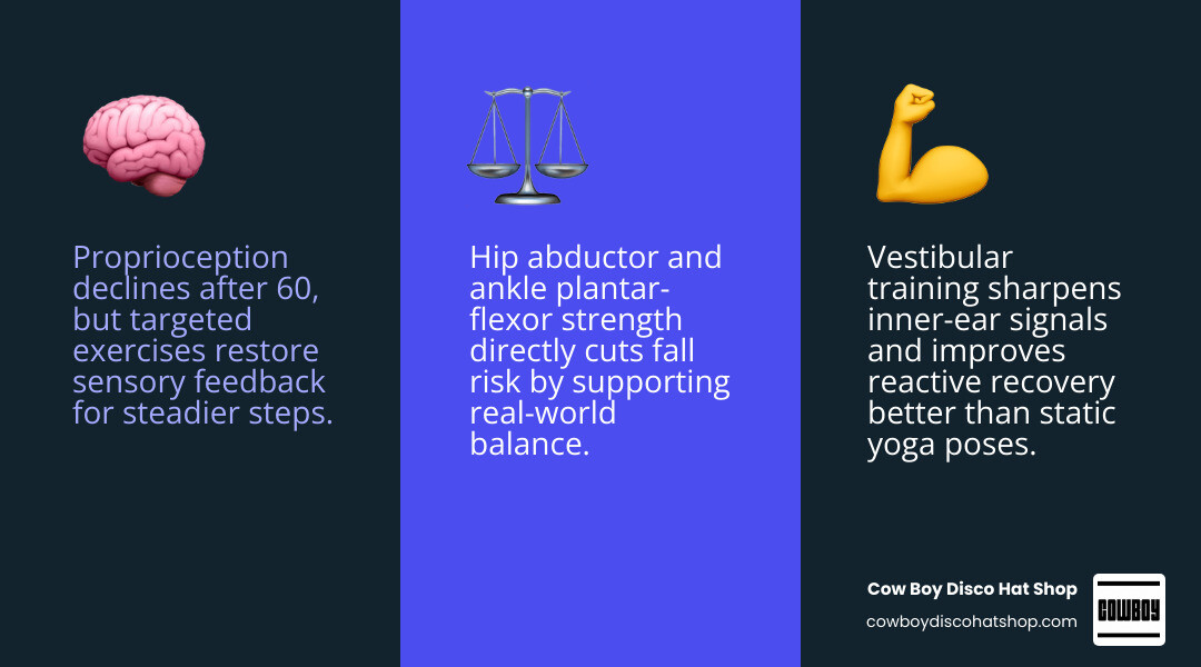 Infographic showing the 5 morning balance exercises that beat yoga after age 60 and the three pillars of balance they target Infographic showing the 5 morning balance exercises that beat yoga after age 60 and the three pillars of balance they target