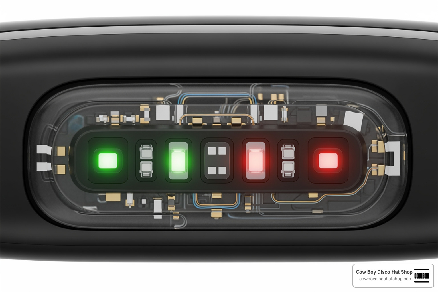 Close-up of advanced optical green and red LED sensors on the underside of a screenless fitness tracker