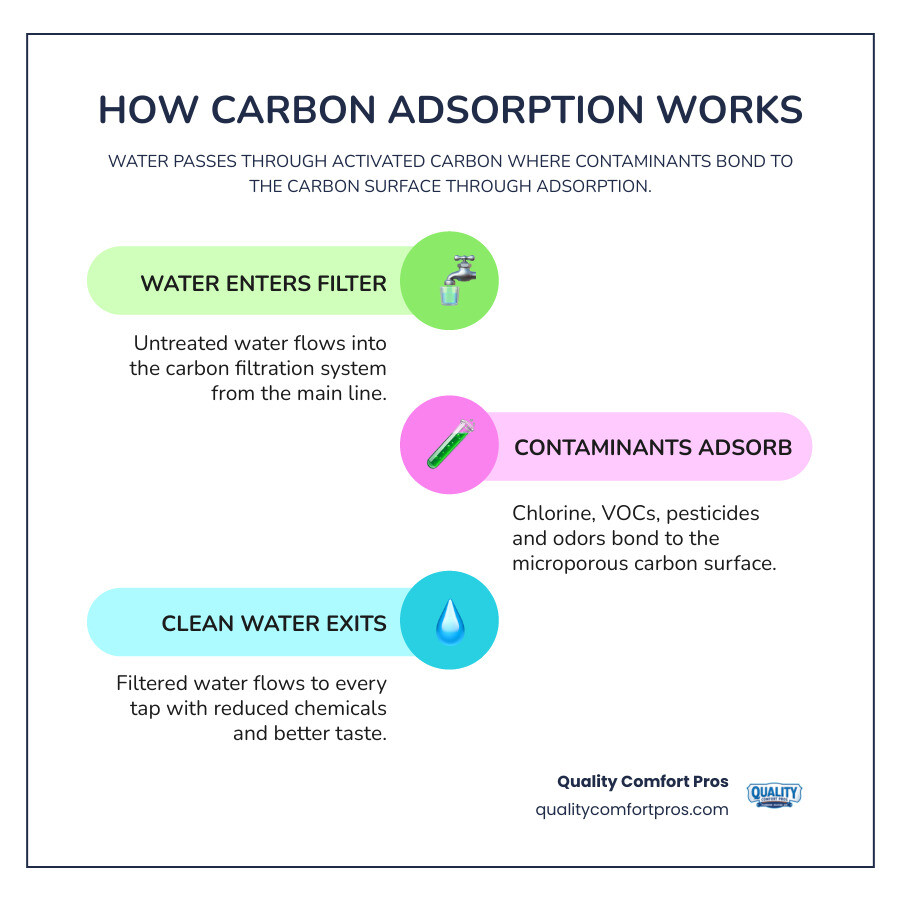 How carbon adsorption works in a whole house water filtration system infographic infographic