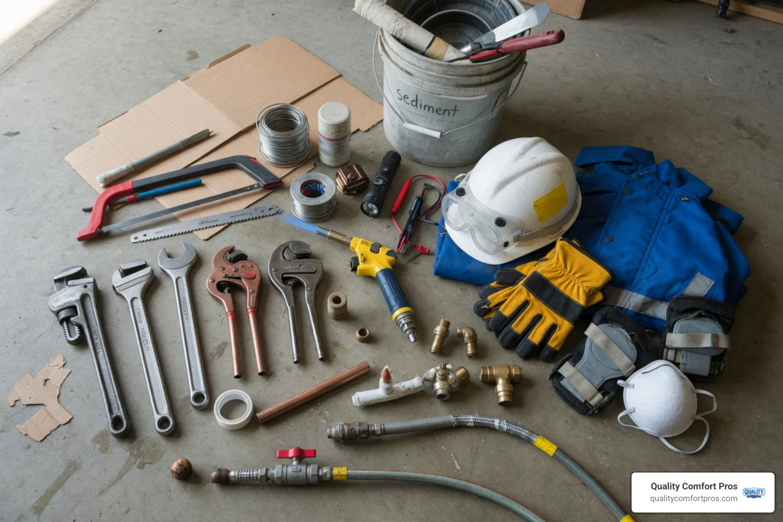 plumbing tools and safety gear needed for water heater replacement