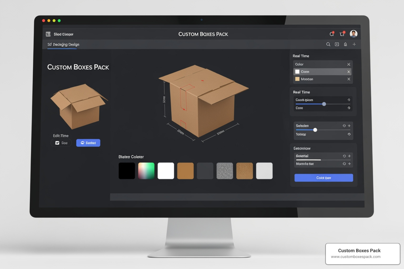 3D packaging design tool interface showing custom dimensions and real-time preview 3D packaging design tool interface showing custom dimensions and real-time preview