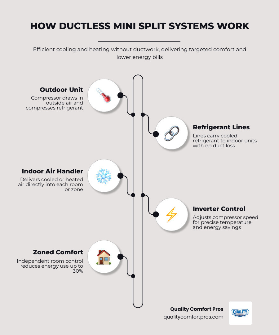 Infographic showing how ductless mini split systems work, BTU sizing guide, and efficiency ratings overview infographic Infographic showing how ductless mini split systems work, BTU sizing guide, and efficiency ratings overview infographic