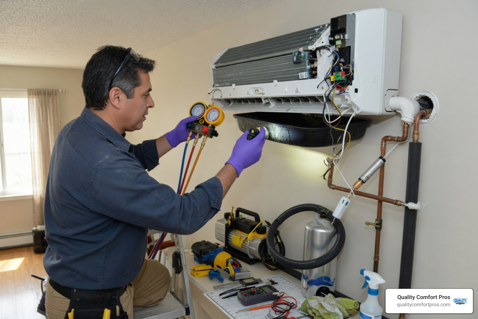technician servicing a ductless mini split system technician servicing a ductless mini split system