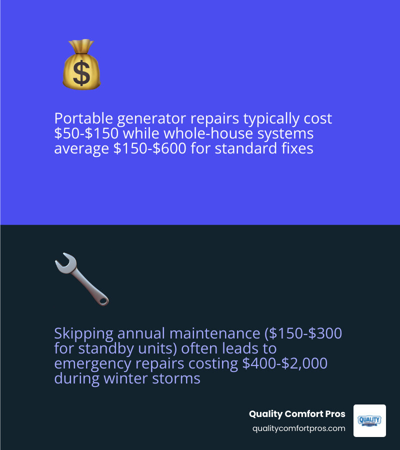 Infographic showing generator repair cost ranges by repair type and maintenance schedule infographic Infographic showing generator repair cost ranges by repair type and maintenance schedule infographic