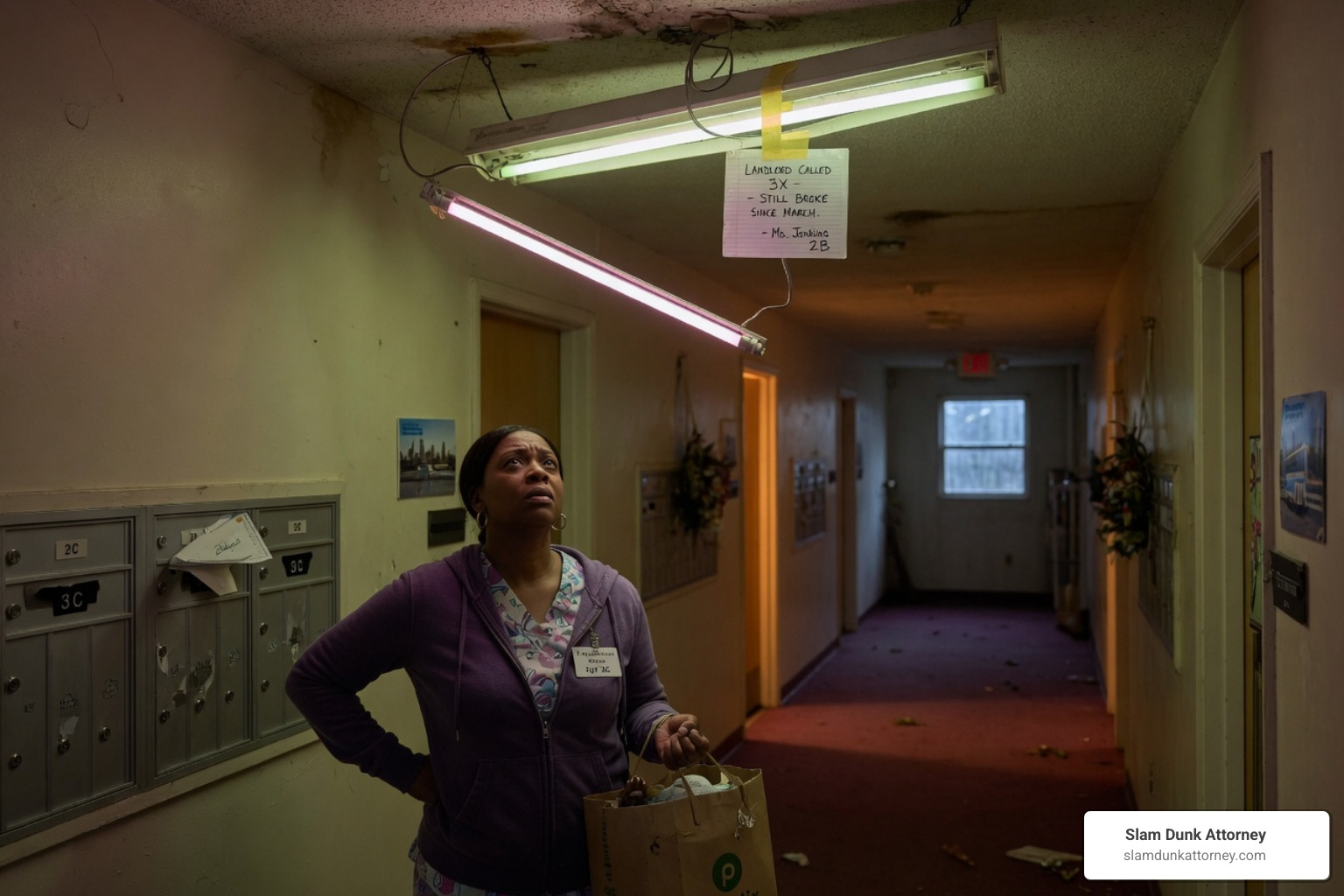 A hazardous, poorly lit apartment stairwell with a broken handrail - apartment injury lawyer