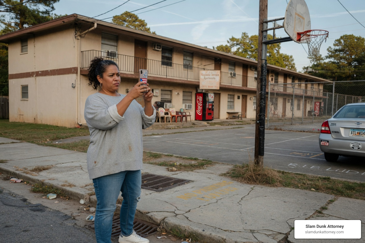 A person taking a photo of a cracked sidewalk in an apartment complex with their smartphone - apartment injury lawyer