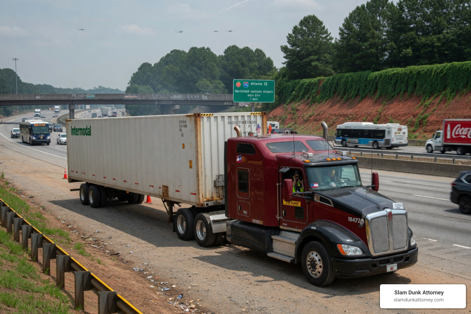 A jackknifed semi-truck on a Georgia highway, with emergency vehicles present, illustrating a common and severe truck accident - experienced truck accident lawyer