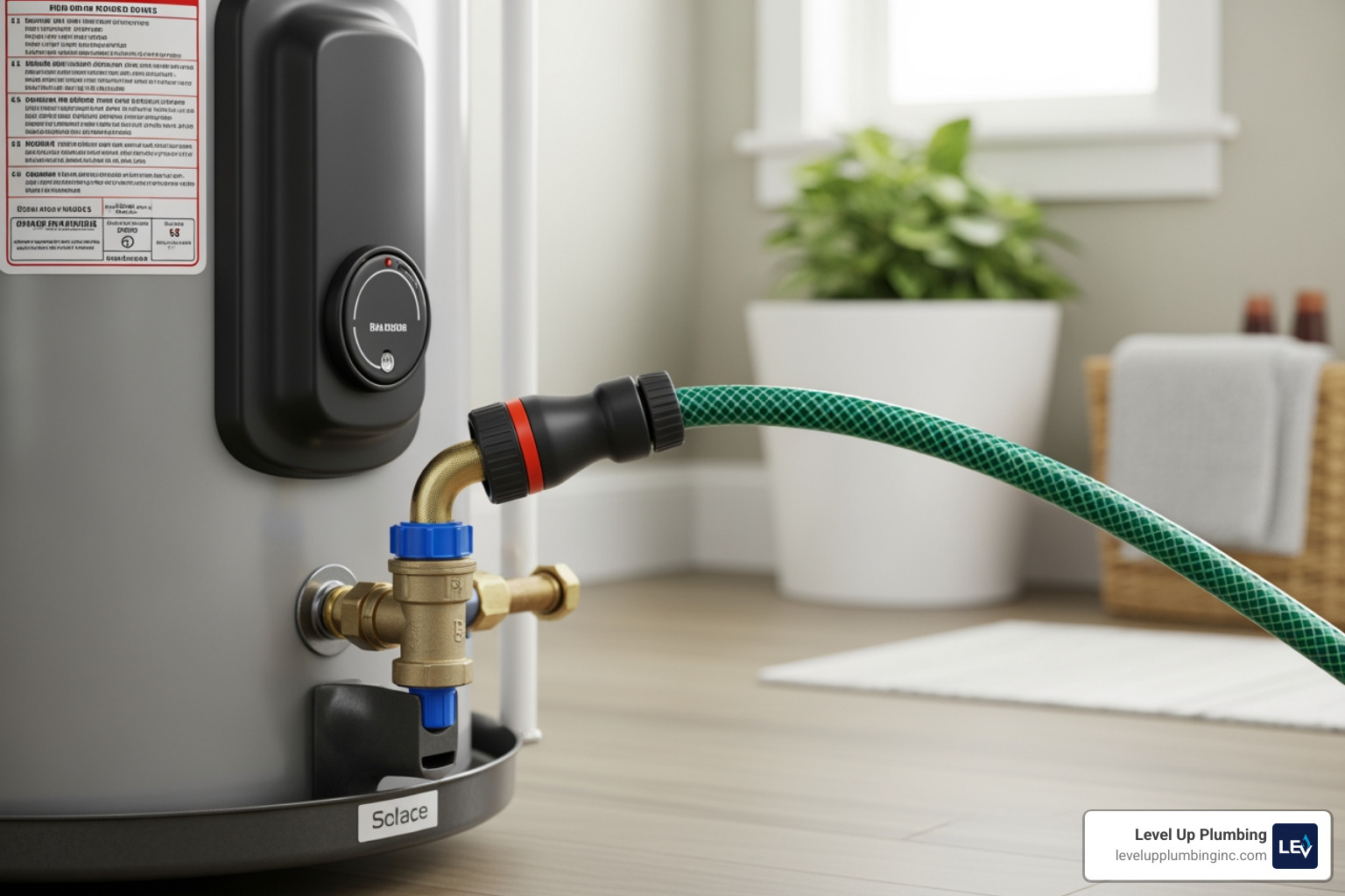 Garden hose connected to a water heater drain valve