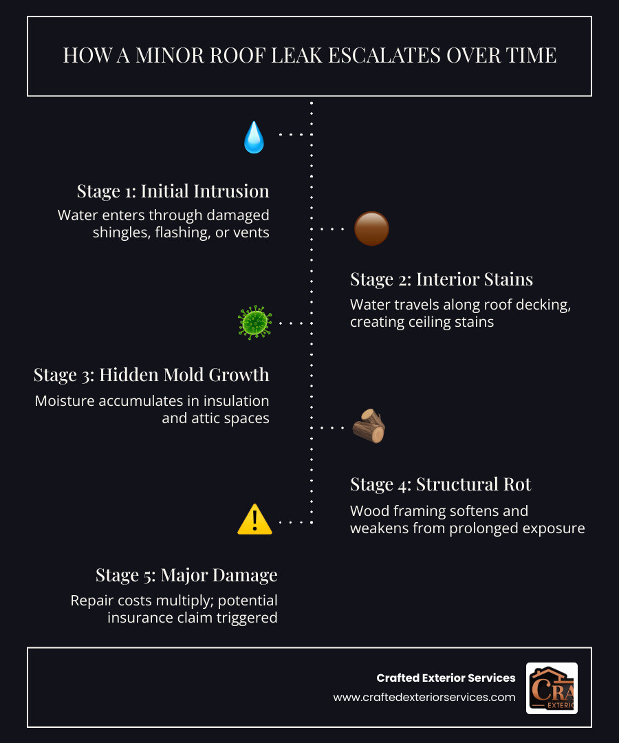 Infographic showing progression of a minor roof leak to major structural water damage over time infographic Infographic showing progression of a minor roof leak to major structural water damage over time infographic