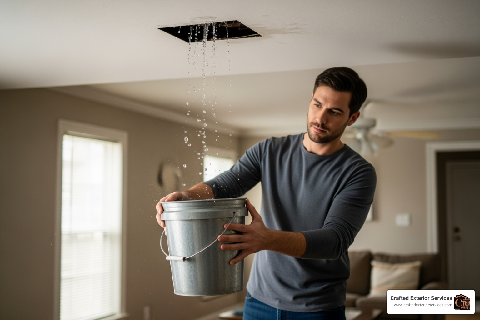homeowner safely placing a bucket under an active ceiling leak homeowner safely placing a bucket under an active ceiling leak