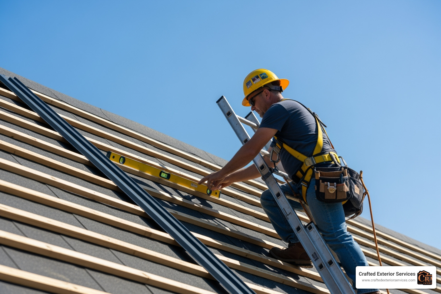 Homeowner evaluating roof pitch and safety gear before installing standing seam panels