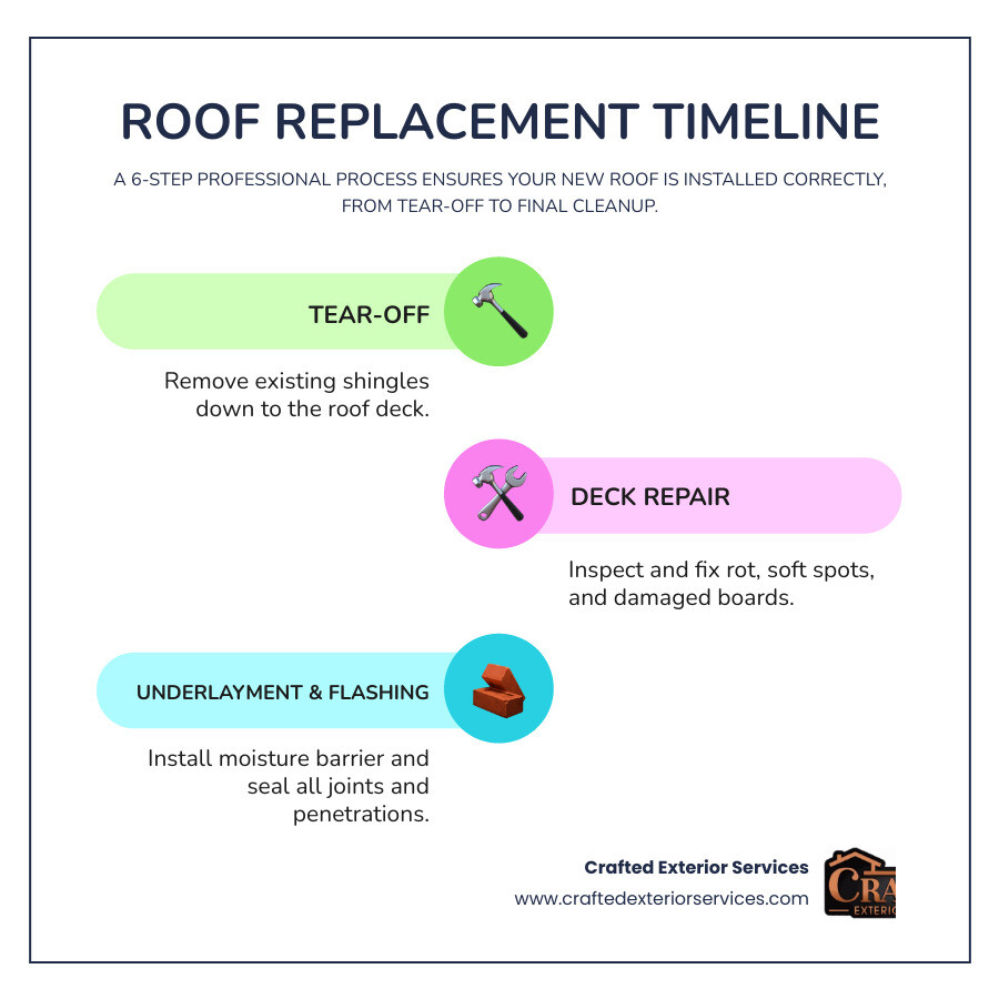 6-step roof replacement timeline infographic: tear-off, deck repair, underlayment, flashing, shingles, cleanup infographic 6-step roof replacement timeline infographic: tear-off, deck repair, underlayment, flashing, shingles, cleanup infographic
