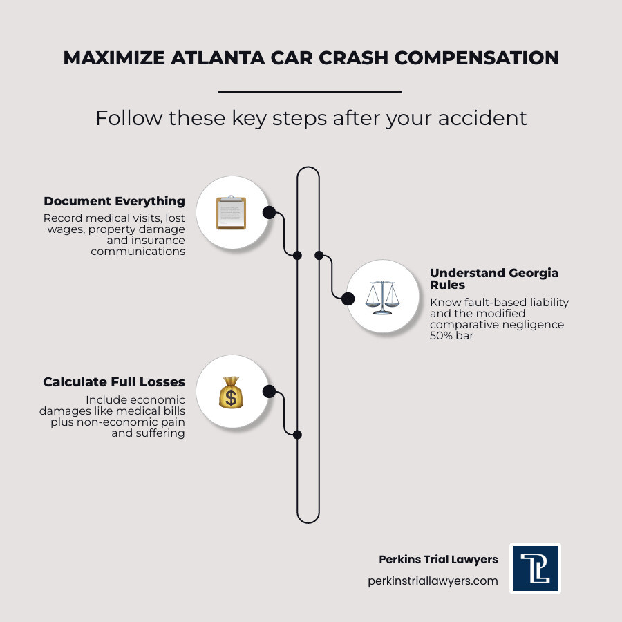 Infographic showing steps to maximize Atlanta car crash compensation: document damages, understand Georgia fault rules Infographic showing steps to maximize Atlanta car crash compensation: document damages, understand Georgia fault rules