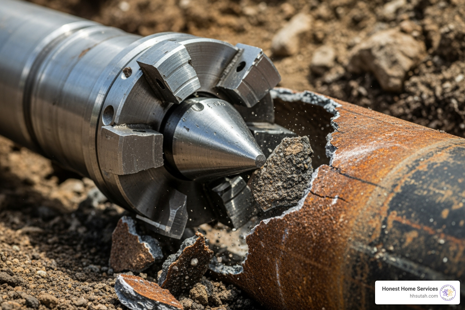 Heavy-duty steel bursting head breaking through old sewer line Heavy-duty steel bursting head breaking through old sewer line