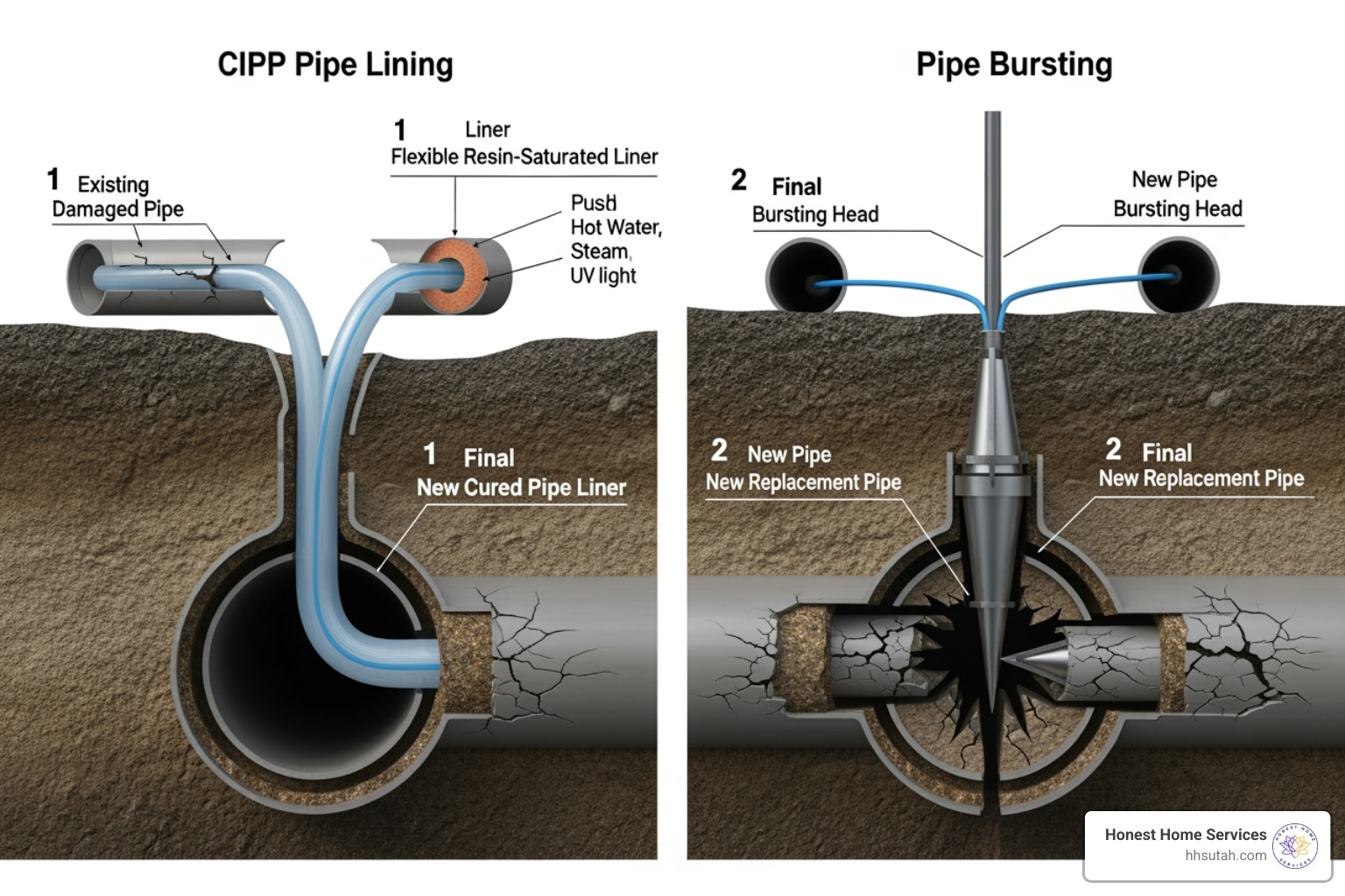 Diagram comparing CIPP lining and pipe bursting methods Diagram comparing CIPP lining and pipe bursting methods