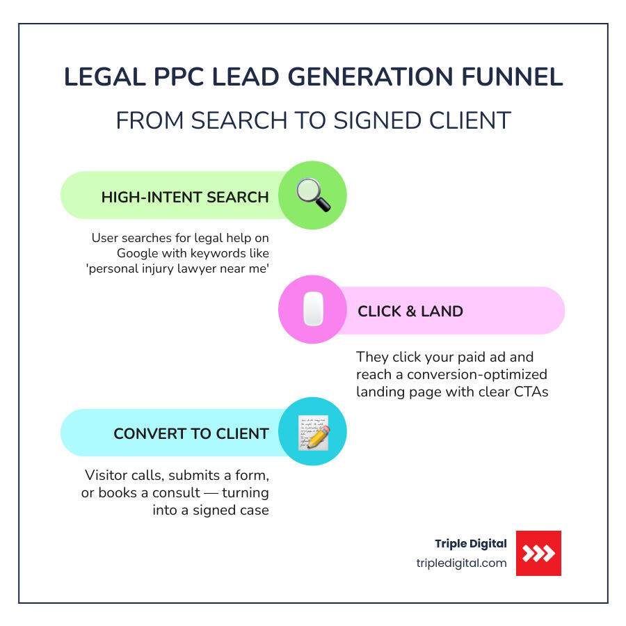 Legal PPC lead generation funnel from search to signed client by practice area infographic Legal PPC lead generation funnel from search to signed client by practice area infographic