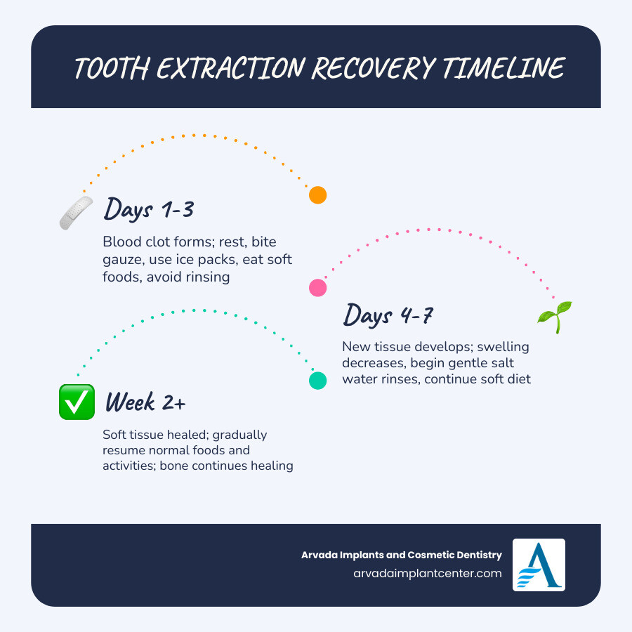 Tooth extraction recovery timeline infographic from day 1 to week 2 with key milestones infographic