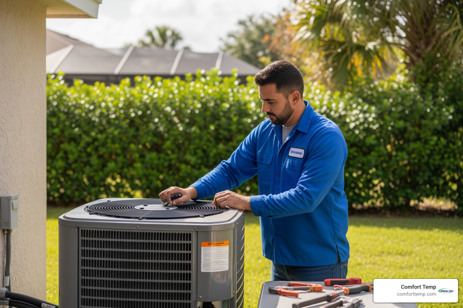HVAC service technician in a blue uniform servicing an outdoor condenser unit HVAC service technician in a blue uniform servicing an outdoor condenser unit