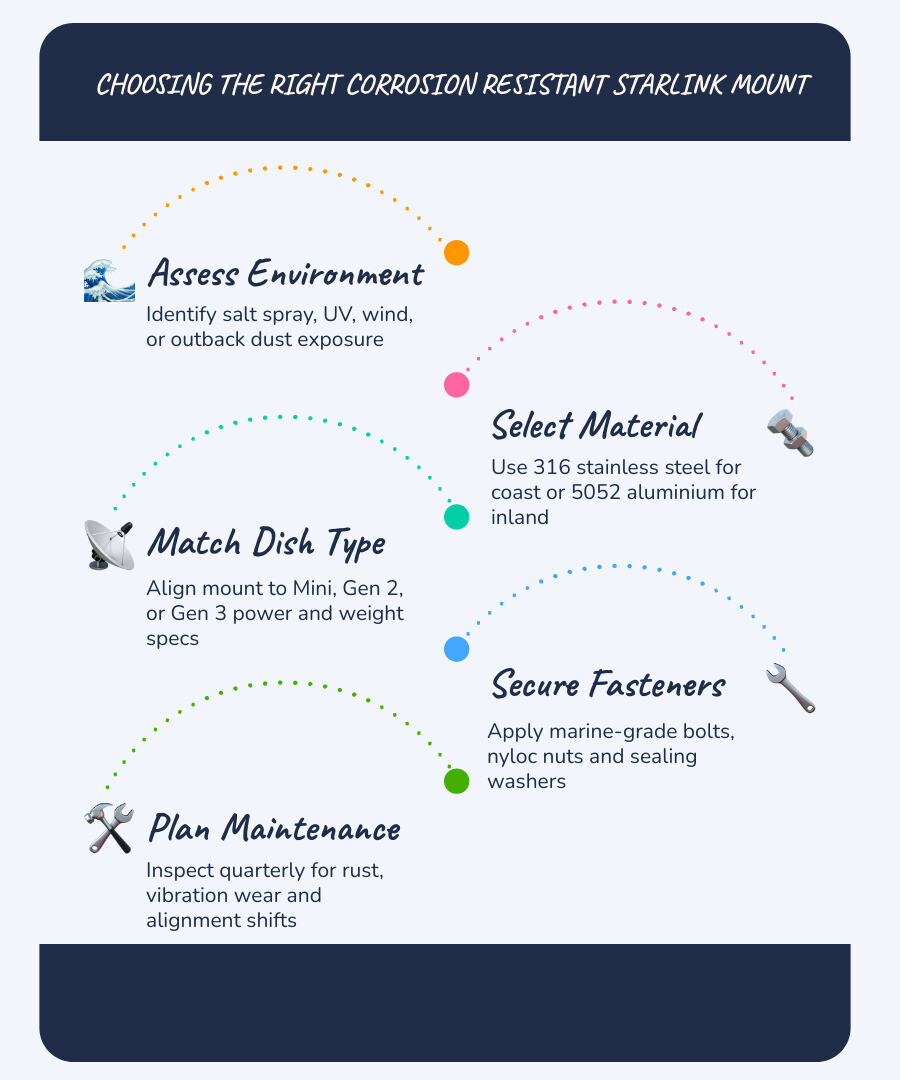 Infographic comparing corrosion resistant Starlink mount materials and ideal use cases by environment infographic