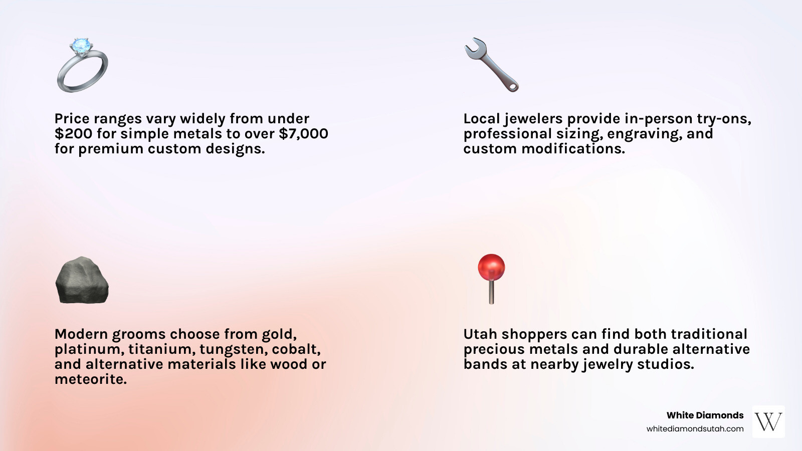 infographic showing how to choose a mens wedding band including metal types, price ranges, sizing tips, and local vs online infographic showing how to choose a mens wedding band including metal types, price ranges, sizing tips, and local vs online