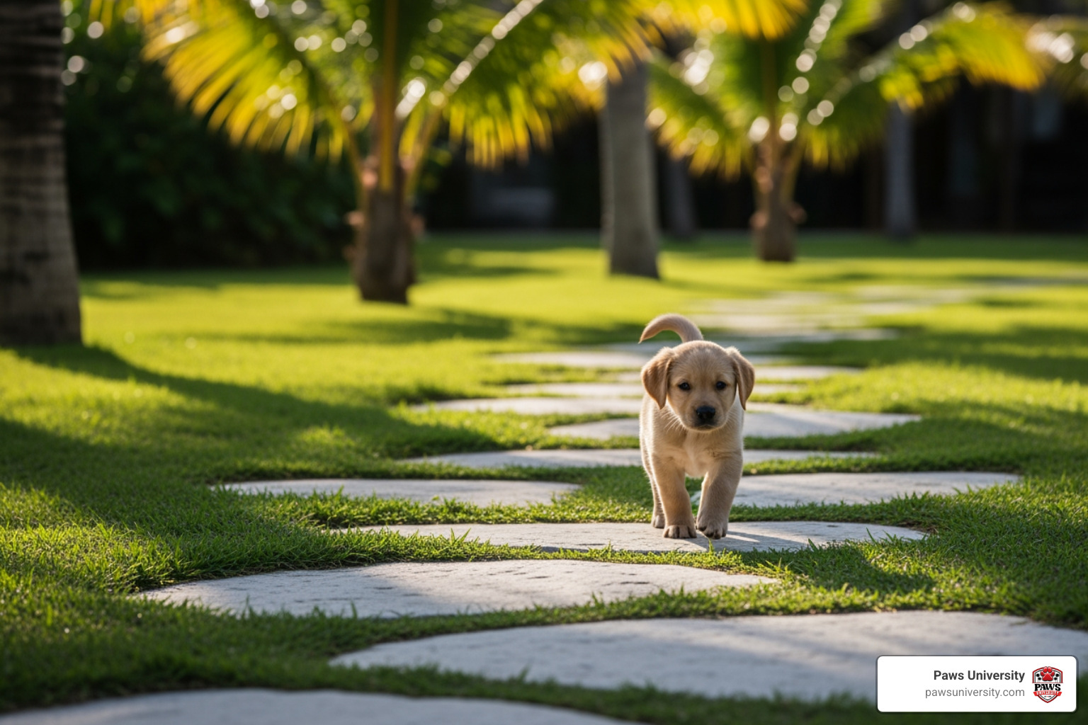 puppy walking on grass and smooth stone under palm trees puppy walking on grass and smooth stone under palm trees