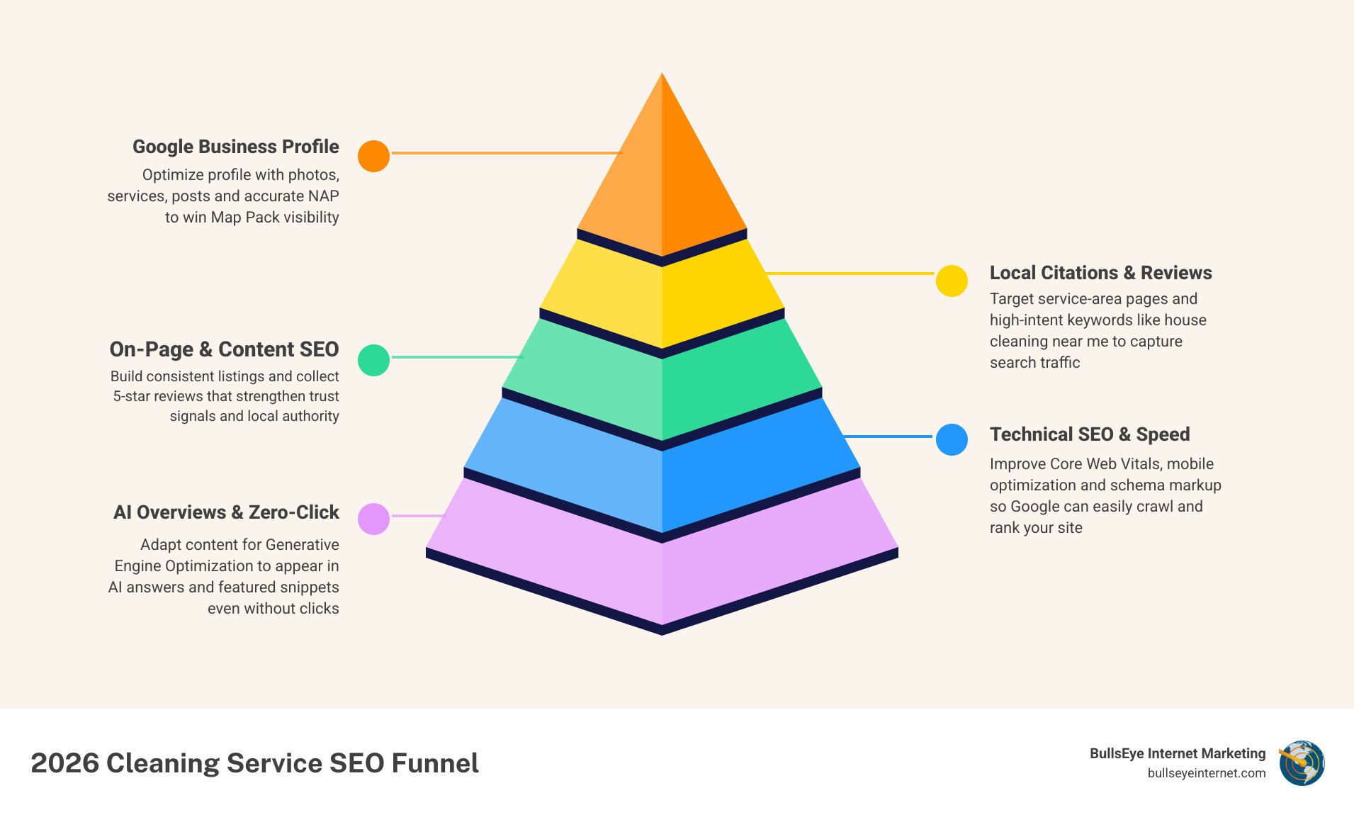 Cleaning service SEO funnel illustrating Google Business Profile optimization, local citations, on-page content, technical SEO,