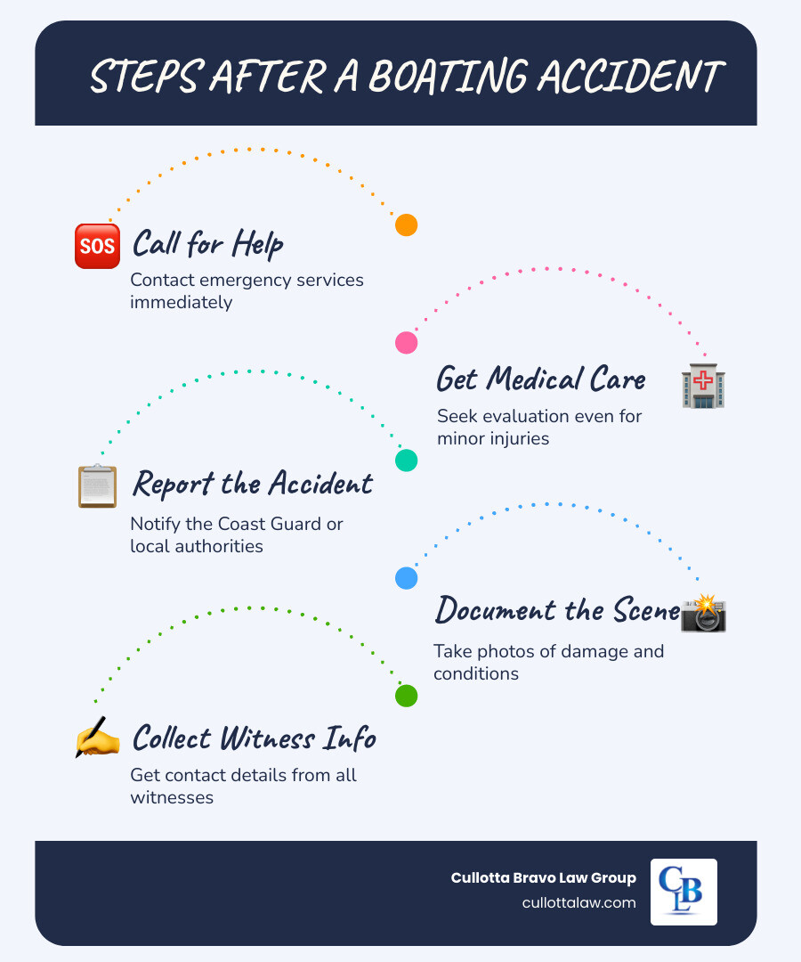 Steps to take after a boating accident: call for help, get medical care, report the accident, document the scene, collect