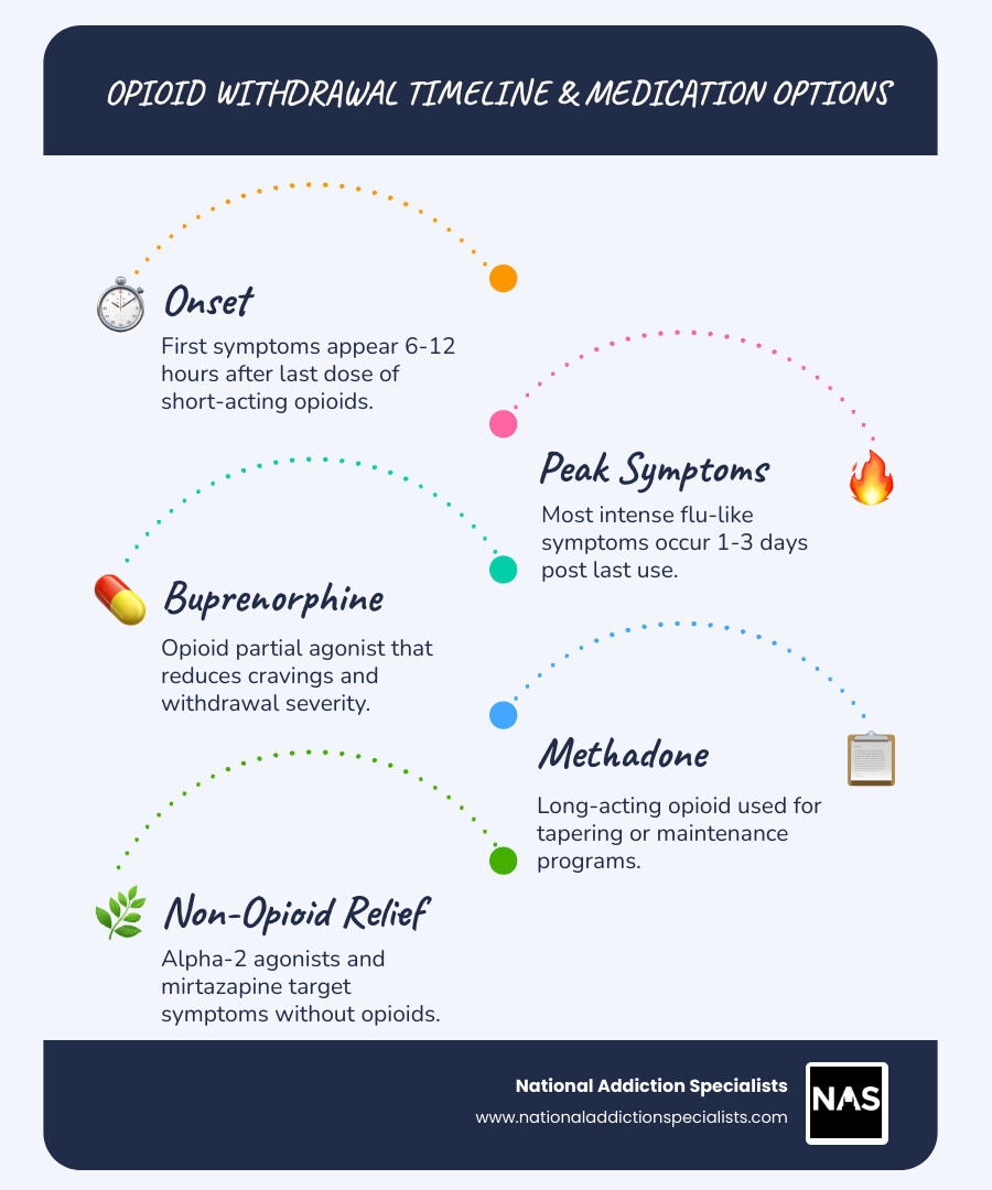 Timeline of opioid withdrawal symptoms by drug type and medication options infographic