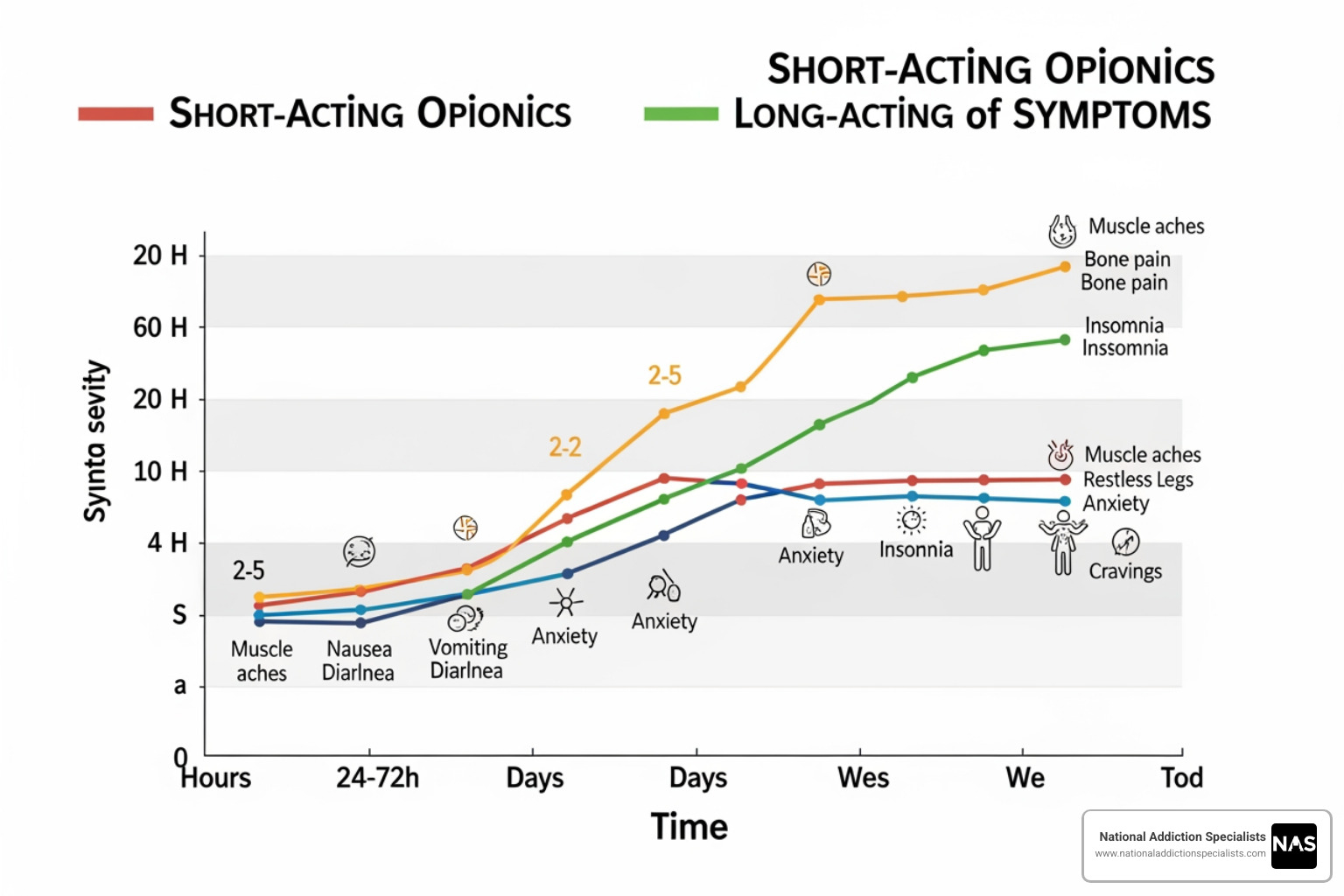 Medical timeline chart for short-acting and long-acting opioid withdrawal