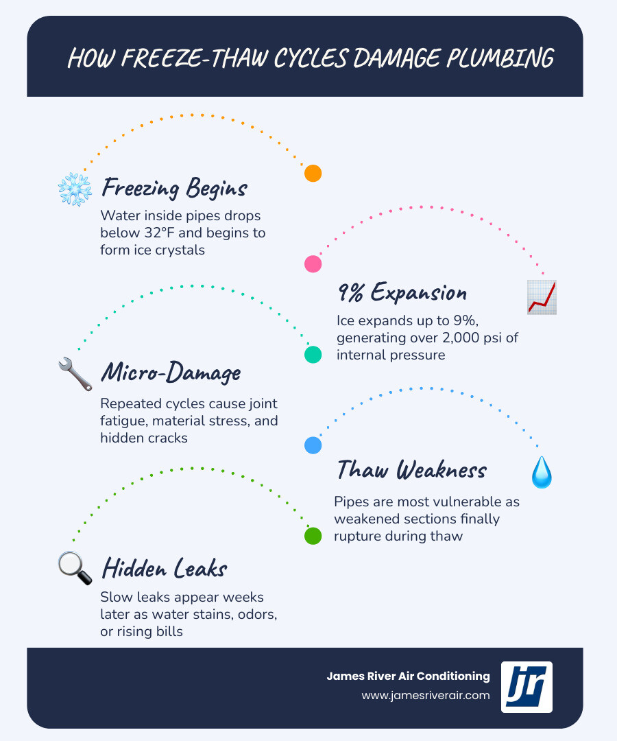 Infographic showing freeze-thaw cycle stages and plumbing damage effects step by step infographic Infographic showing freeze-thaw cycle stages and plumbing damage effects step by step infographic