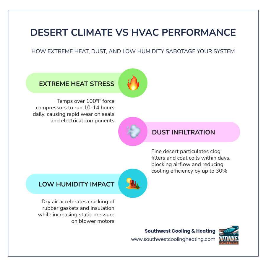 Infographic showing how desert dust, extreme heat, and low humidity impact HVAC performance and why regular maintenance Infographic showing how desert dust, extreme heat, and low humidity impact HVAC performance and why regular maintenance