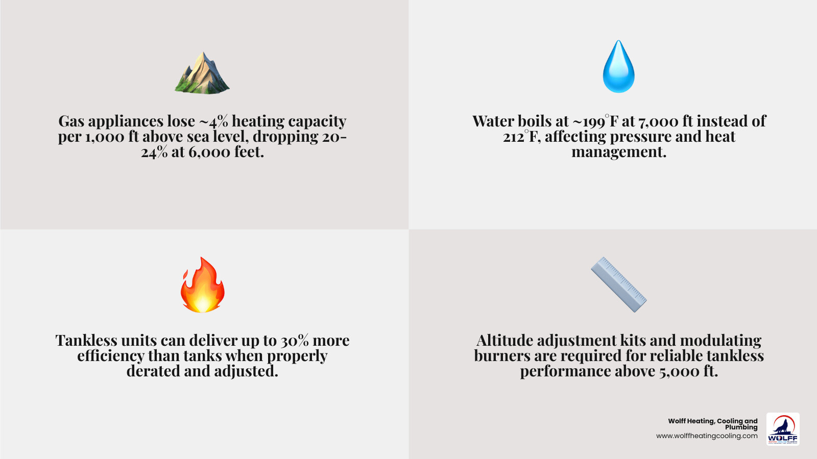 Infographic comparing tankless vs tank water heater performance at high altitude: efficiency, capacity loss, lifespan, and Infographic comparing tankless vs tank water heater performance at high altitude: efficiency, capacity loss, lifespan, and