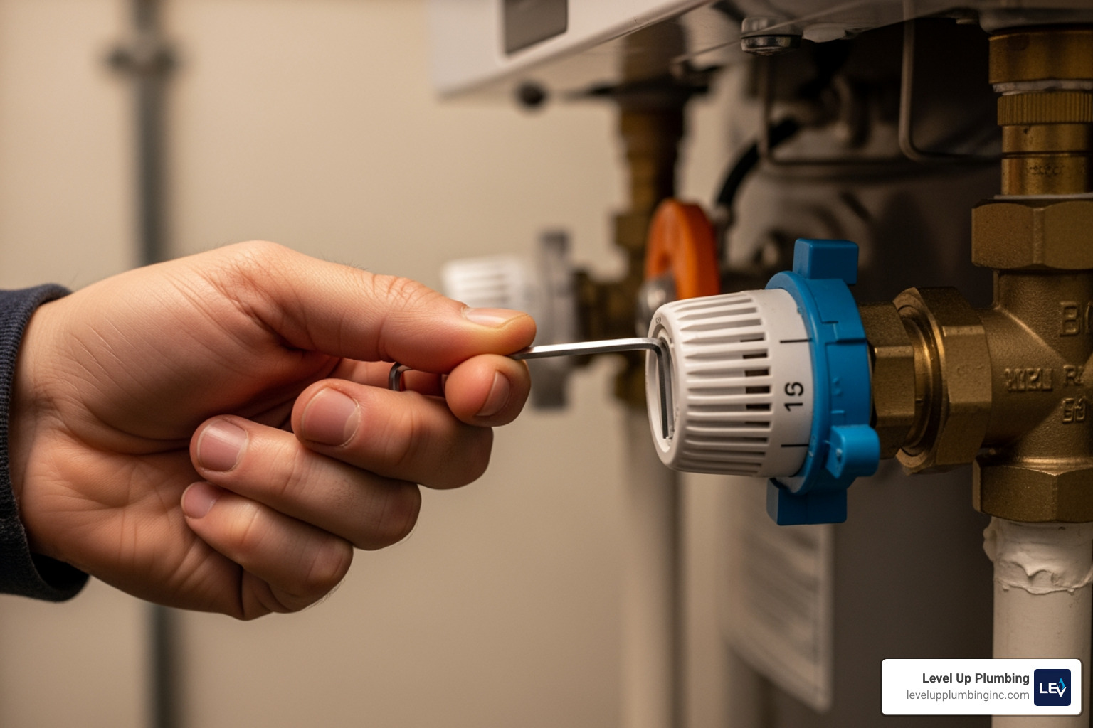 Adjusting a thermostatic mixing valve with an Allen key Adjusting a thermostatic mixing valve with an Allen key