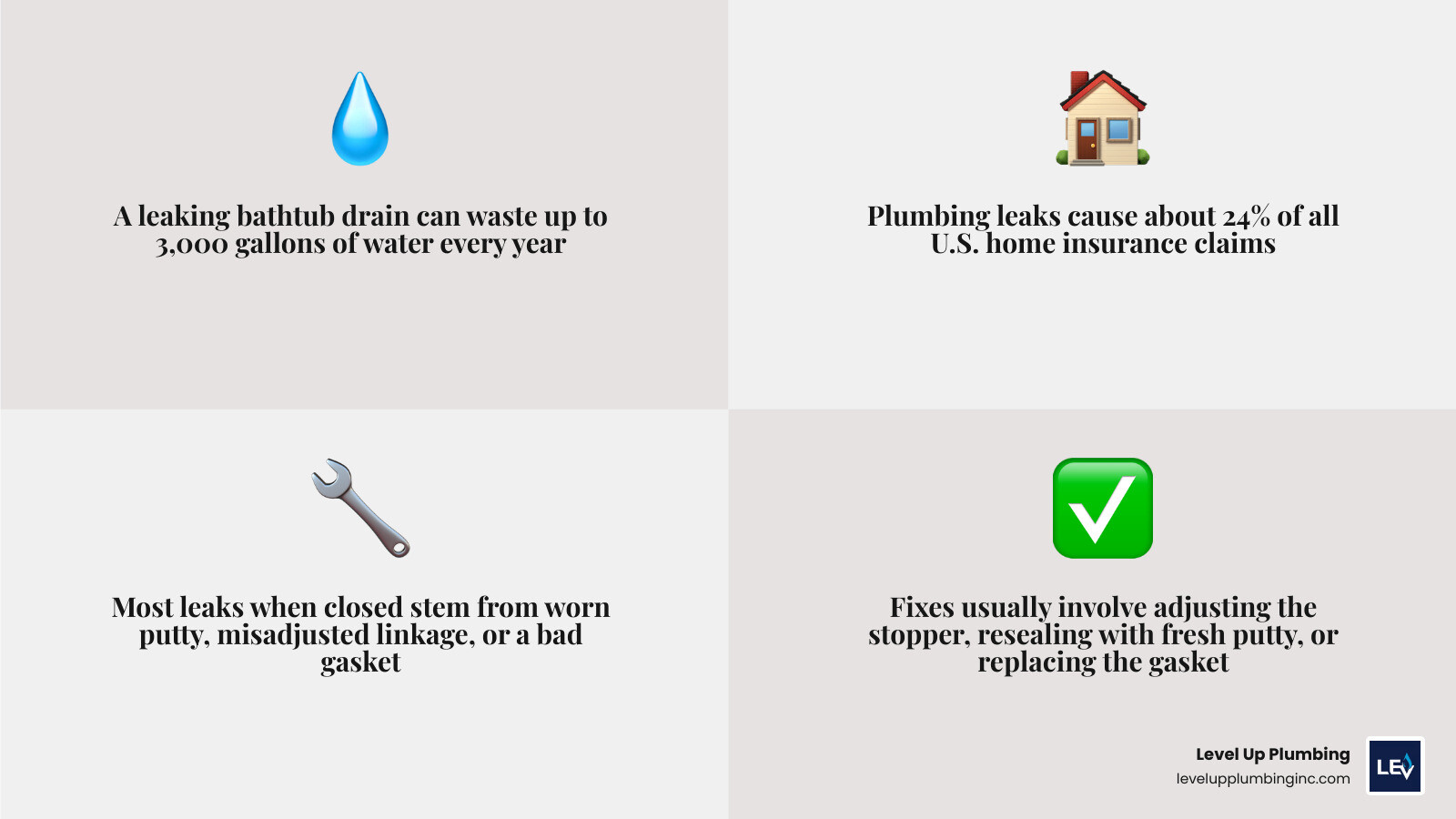 Infographic showing common causes of bathtub drain leaks when closed and their fixes infographic
