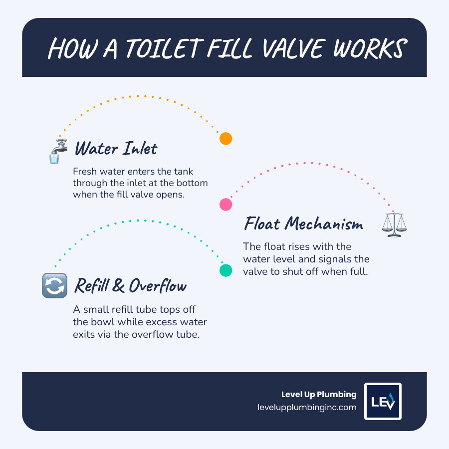Diagram showing how a toilet fill valve works inside a tank — float, inlet, refill tube, overflow tube infographic Diagram showing how a toilet fill valve works inside a tank — float, inlet, refill tube, overflow tube infographic