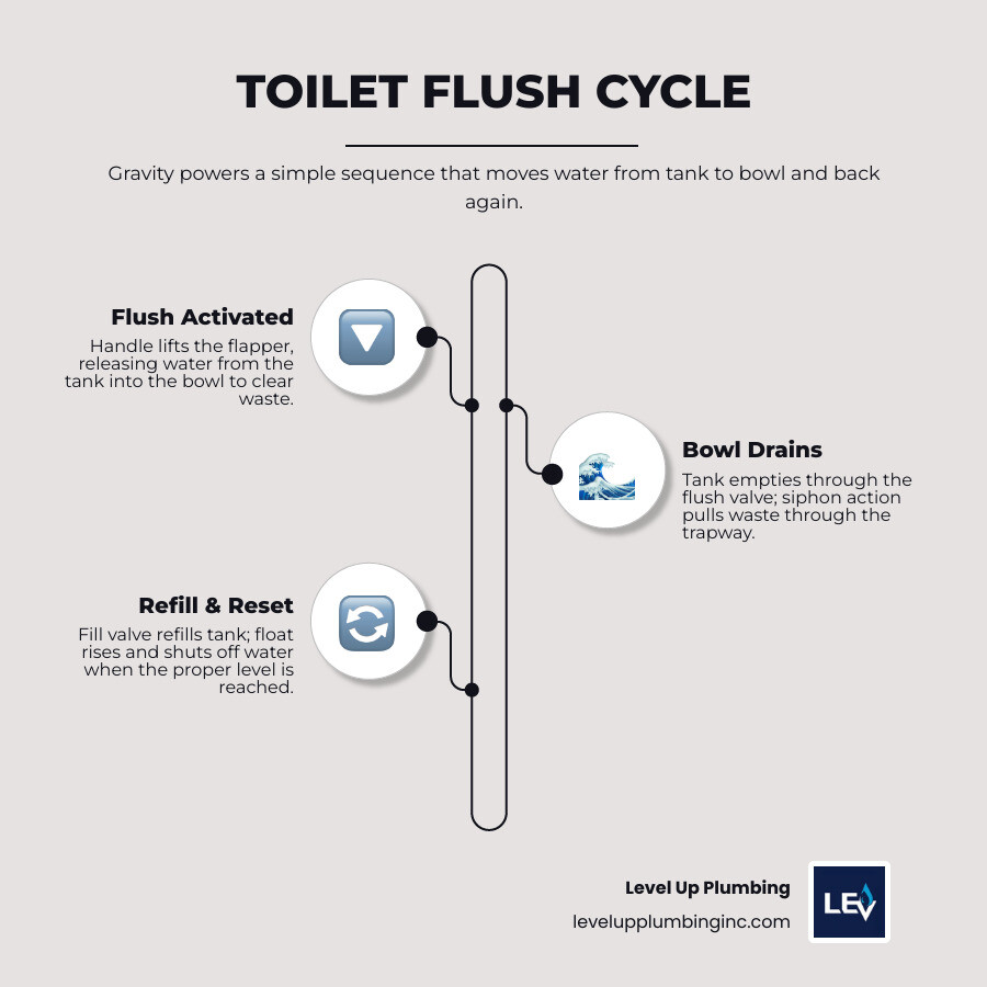 Infographic showing toilet flush cycle steps: handle press, flapper lift, tank drain, bowl fill, flapper close, fill valve