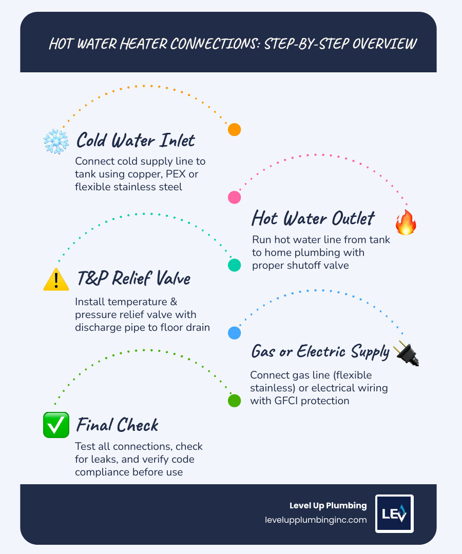 Diagram of water heater connection components including inlet, outlet, T&P valve, shutoff valve, and drain infographic Diagram of water heater connection components including inlet, outlet, T&P valve, shutoff valve, and drain infographic