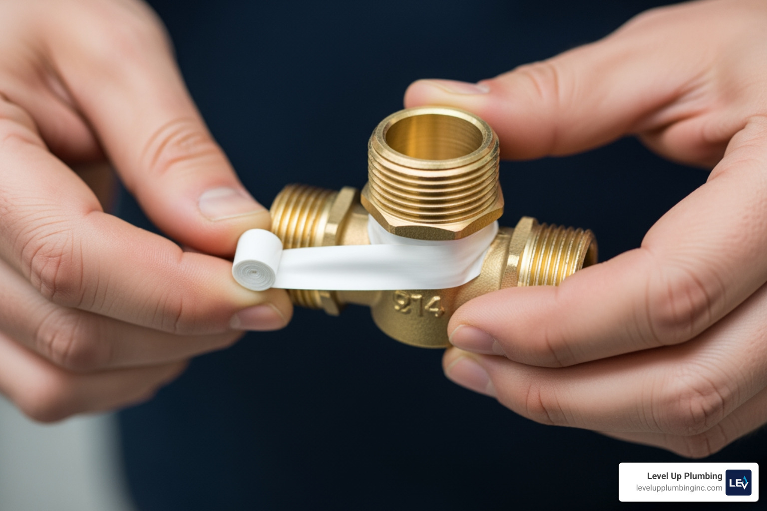 Applying Teflon tape to the threads of a new brass drain valve Applying Teflon tape to the threads of a new brass drain valve