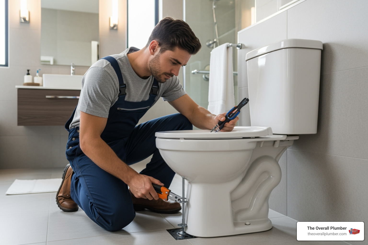 licensed plumber installing a new toilet with precision tools licensed plumber installing a new toilet with precision tools