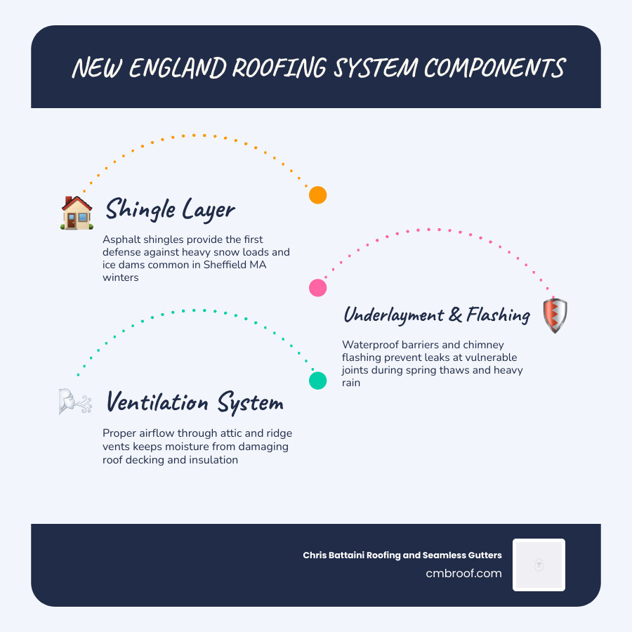 Infographic showing components of a durable New England roofing system for Sheffield MA infographic