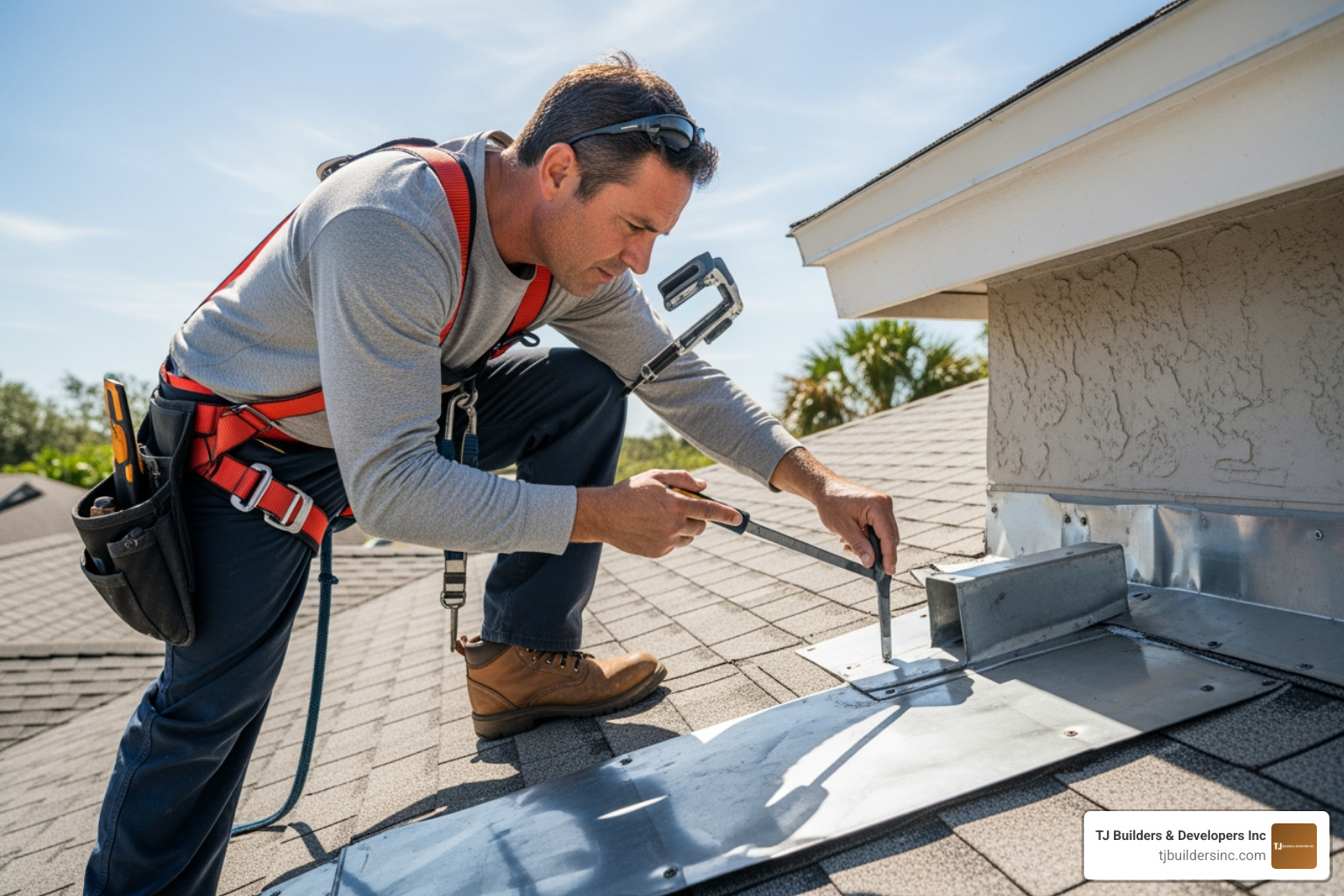 Professional inspector examining roof flashing for cracks, rust, and sealant failure