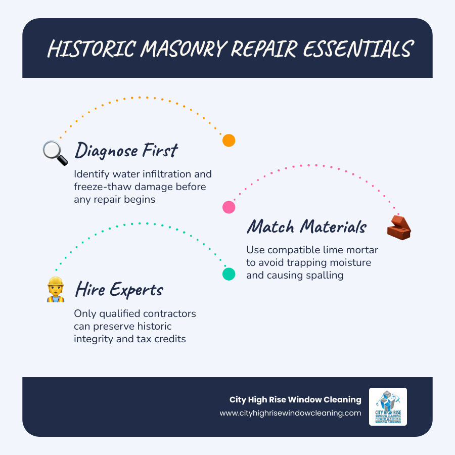 Infographic showing freeze-thaw cycle damage on historic brick and key steps for correct historic masonry repair infographic Infographic showing freeze-thaw cycle damage on historic brick and key steps for correct historic masonry repair infographic