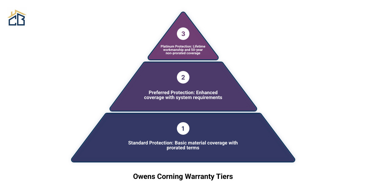 Owens Corning warranty tiers comparison infographic: Standard, Preferred, and Platinum coverage levels infographic