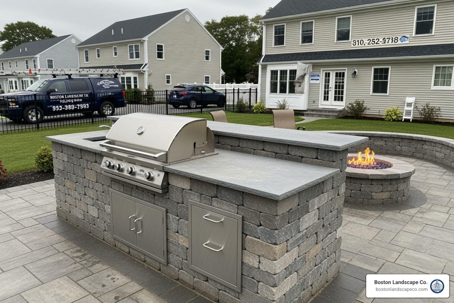 custom outdoor kitchen and fire pit in Billerica