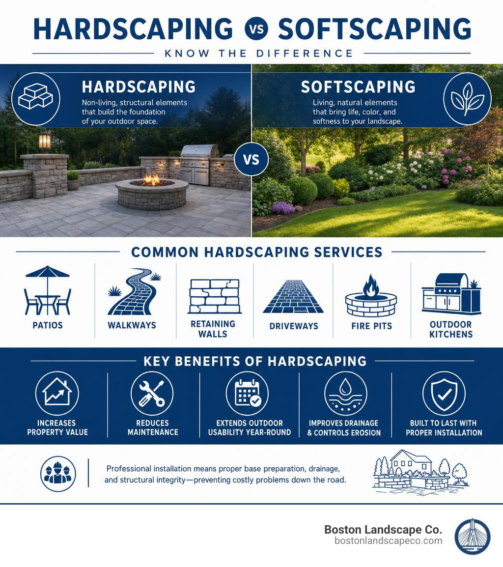 Infographic showing hardscaping vs softscaping differences, common services, and key benefits infographic