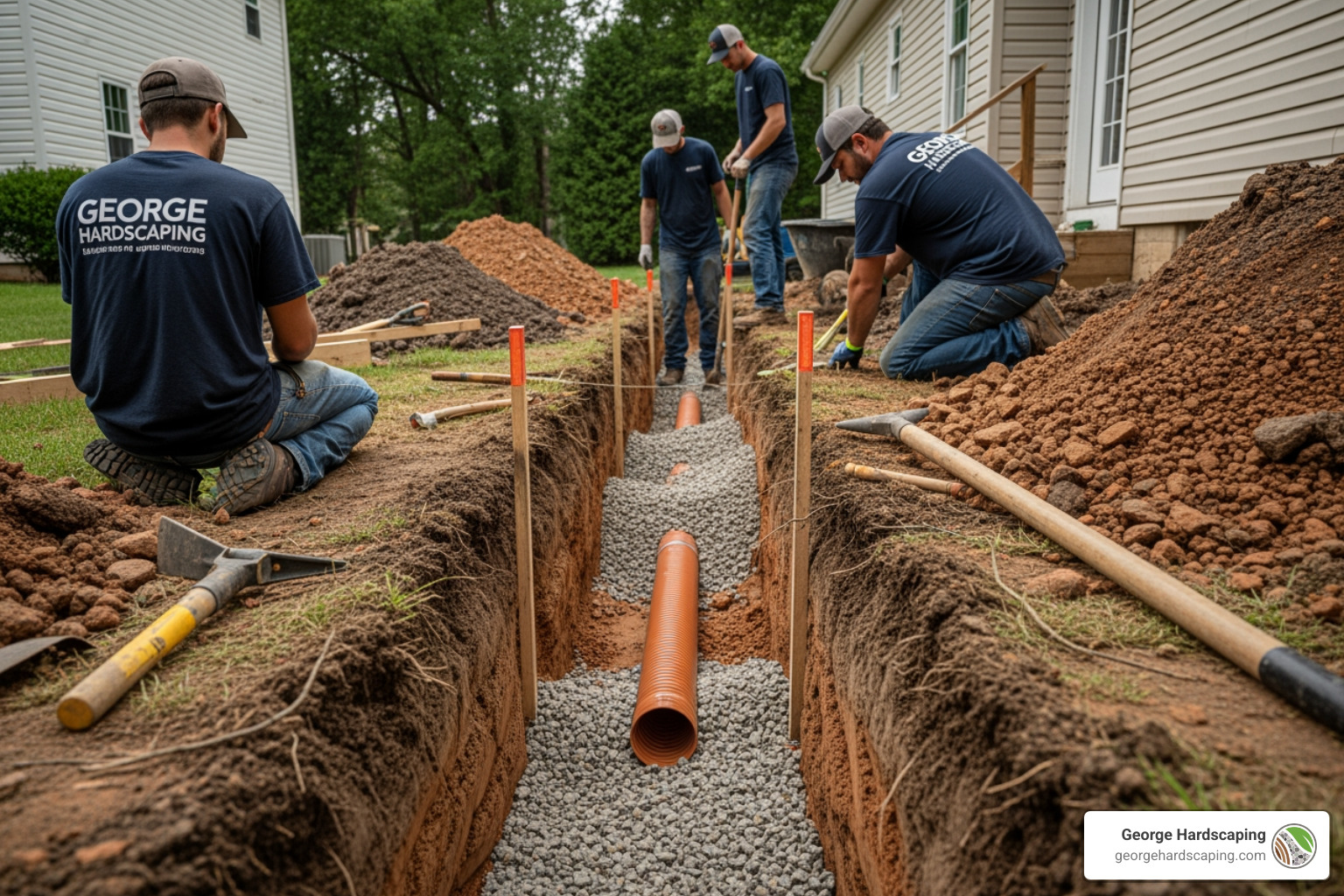 professional French drain installation in backyard
