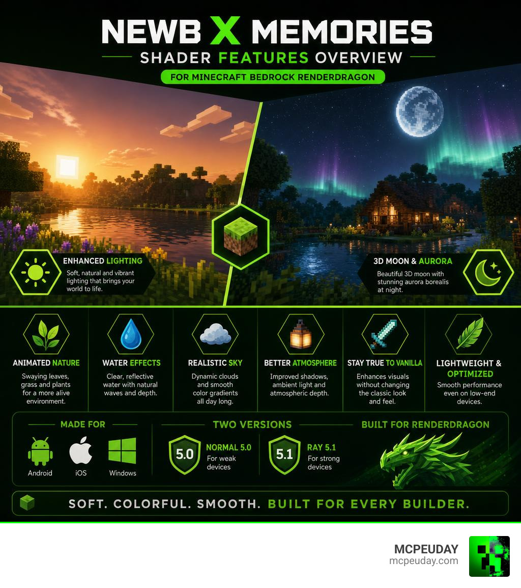 Newb x Memories Shader features overview infographic for Minecraft Bedrock RenderDragon infographic Newb x Memories Shader features overview infographic for Minecraft Bedrock RenderDragon infographic